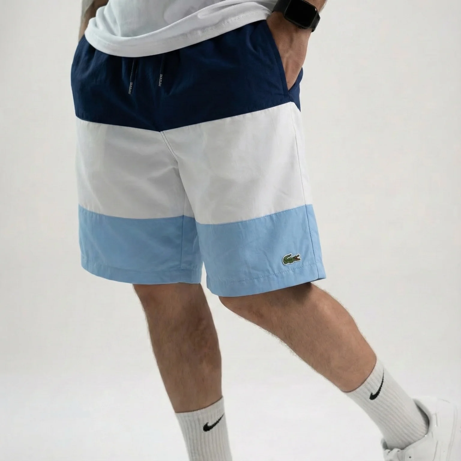 محصول Lacoste Colorblock Swim Shorts Blue White Sky Front On Model