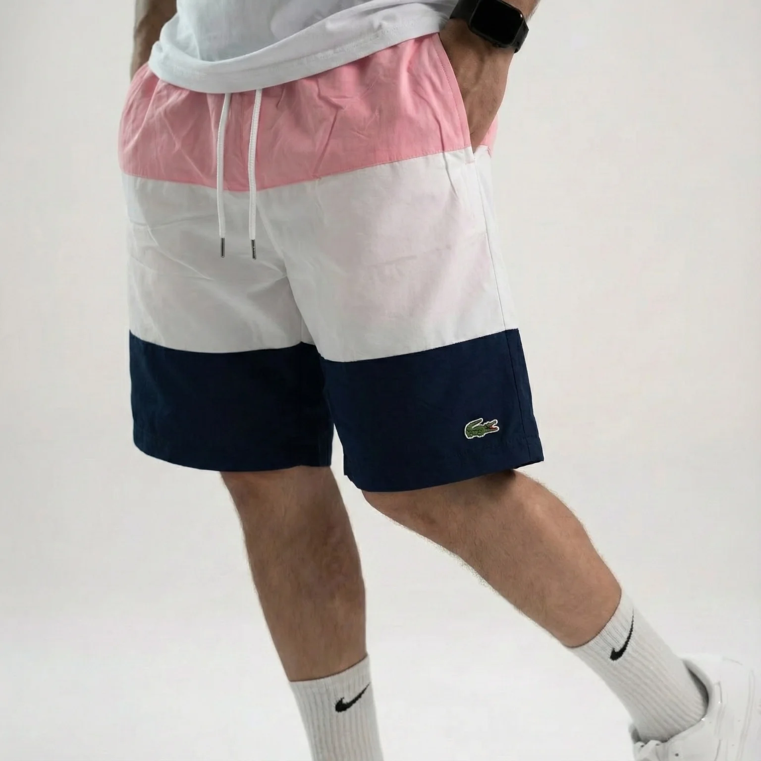 محصول Lacoste Colorblock Swim Shorts Pink White Navy Front On Model