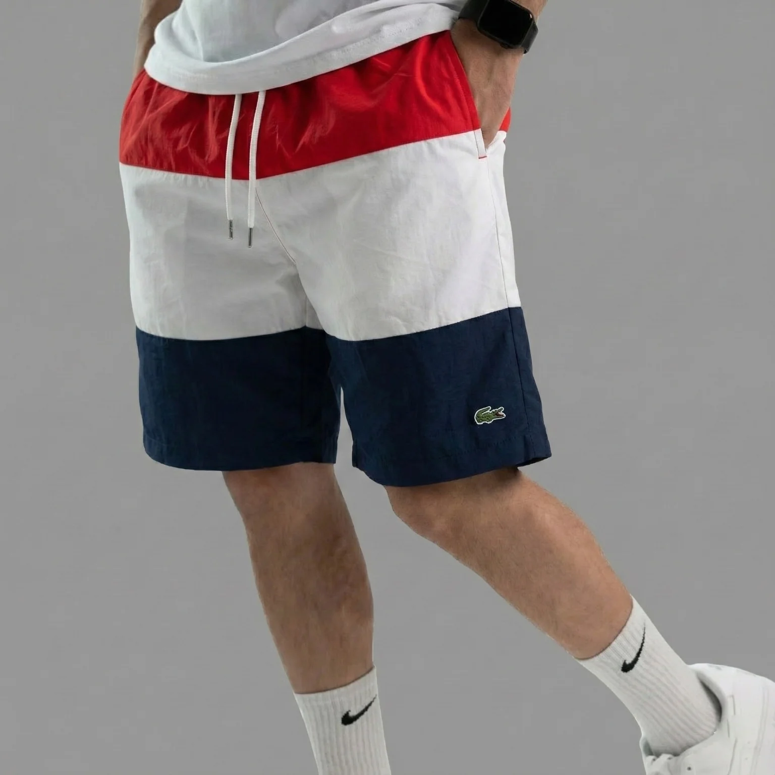 محصول Lacoste Colorblock Swim Shorts Red White Navy Front On Model